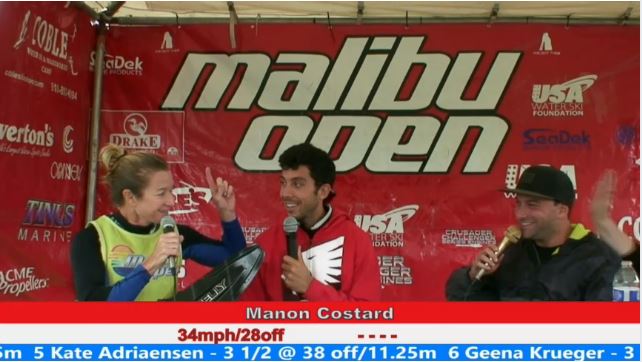 Brian Detrick and Dano the Mano interviewing Pro Women Slalom Skier April Coble Eller after her preliminary round at the 2015 Malibu Open
